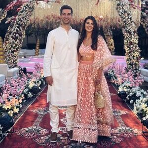 Indian Wedding - Light Pink Thread Sequin Embroidered Net Lehenga Set